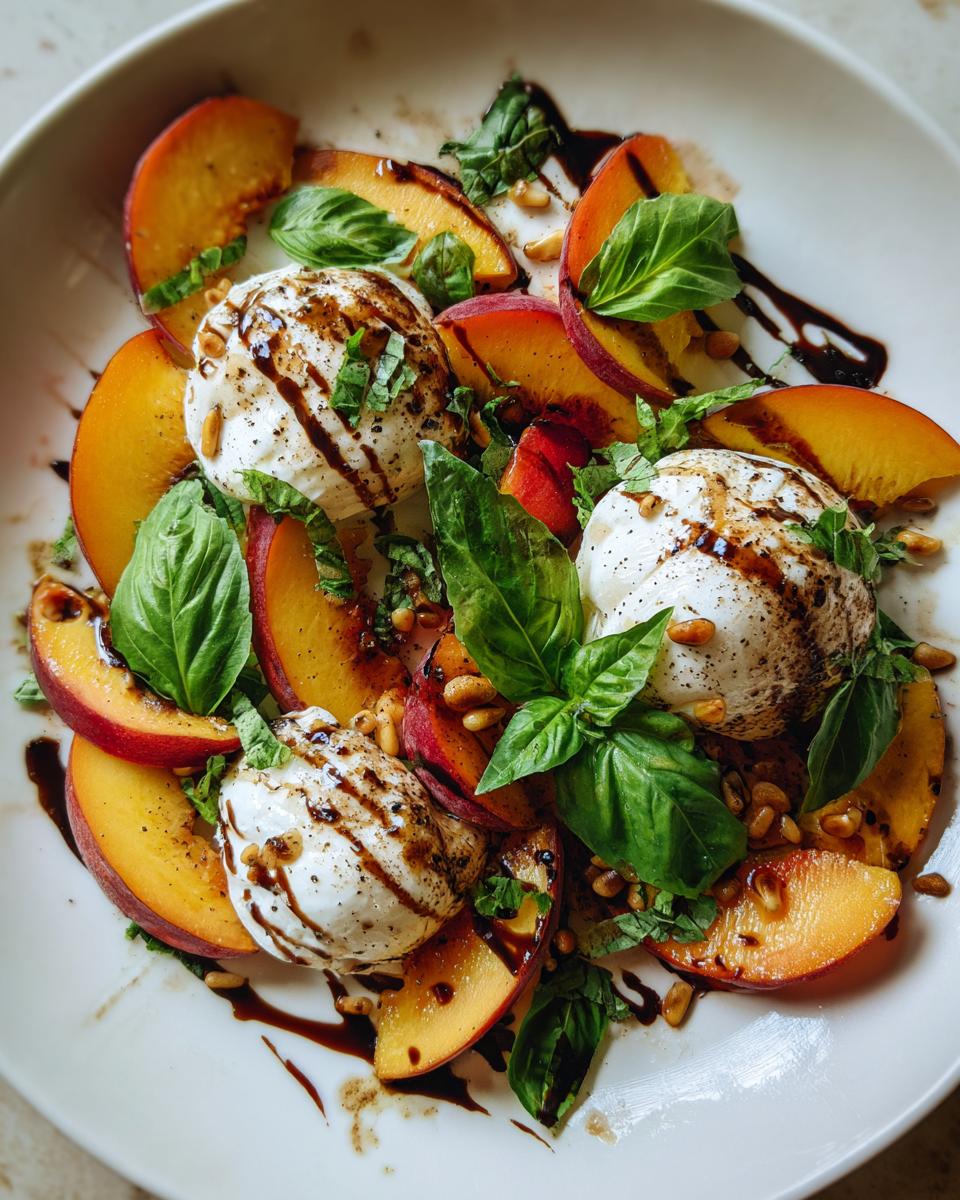 A beautiful summer salad featuring sliced peaches, burrata cheese, fresh basil, pine nuts, and a balsamic glaze.