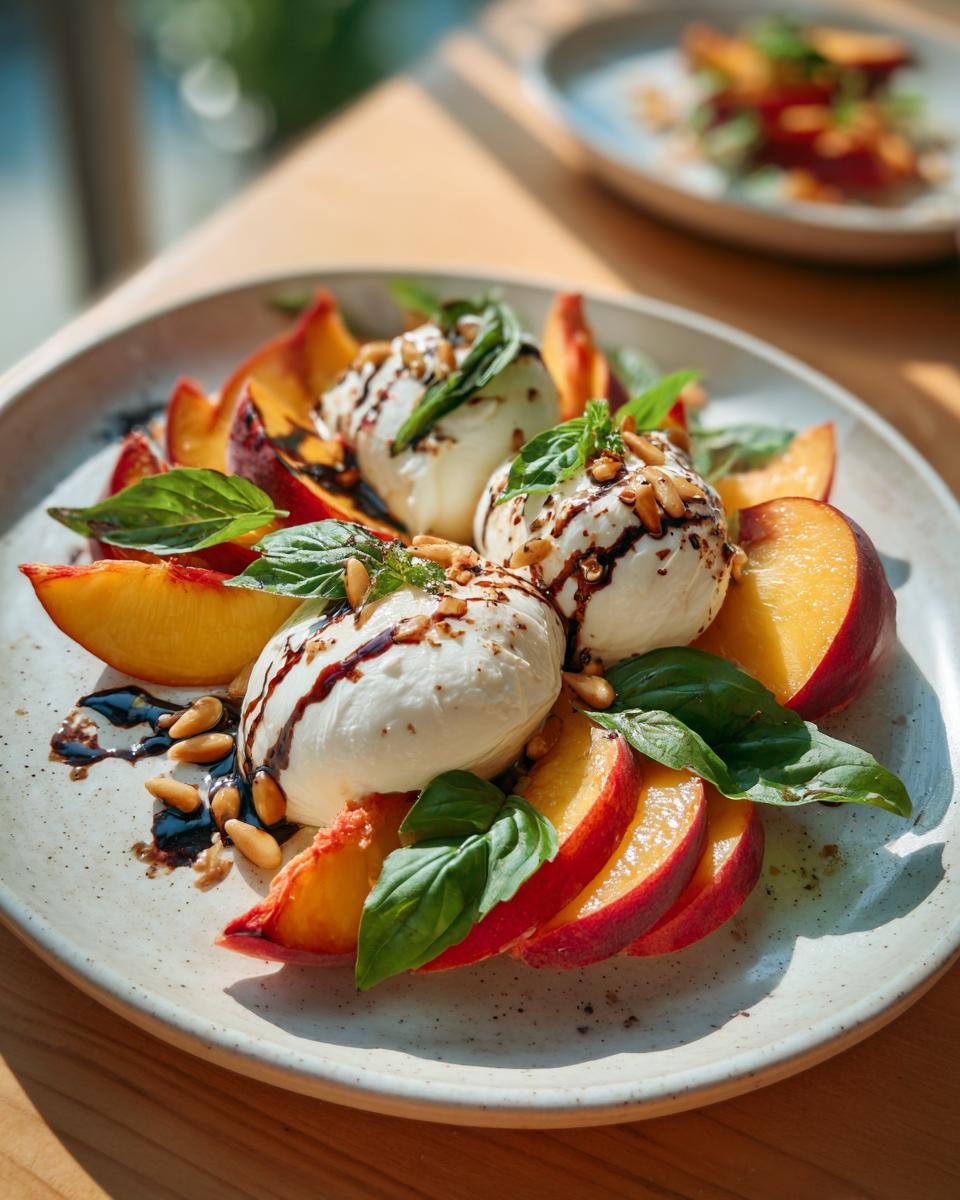 A refreshing summer salad featuring sliced peaches, creamy burrata cheese, fresh basil, pine nuts, and a balsamic glaze.