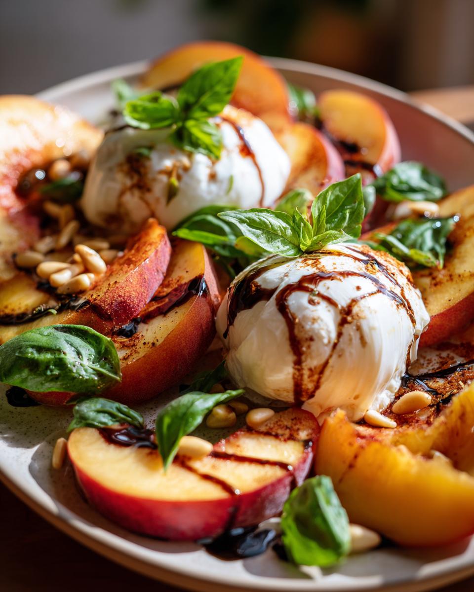 Close-up of a peach burrata platter with grilled peaches, fresh basil, pine nuts, and balsamic glaze.