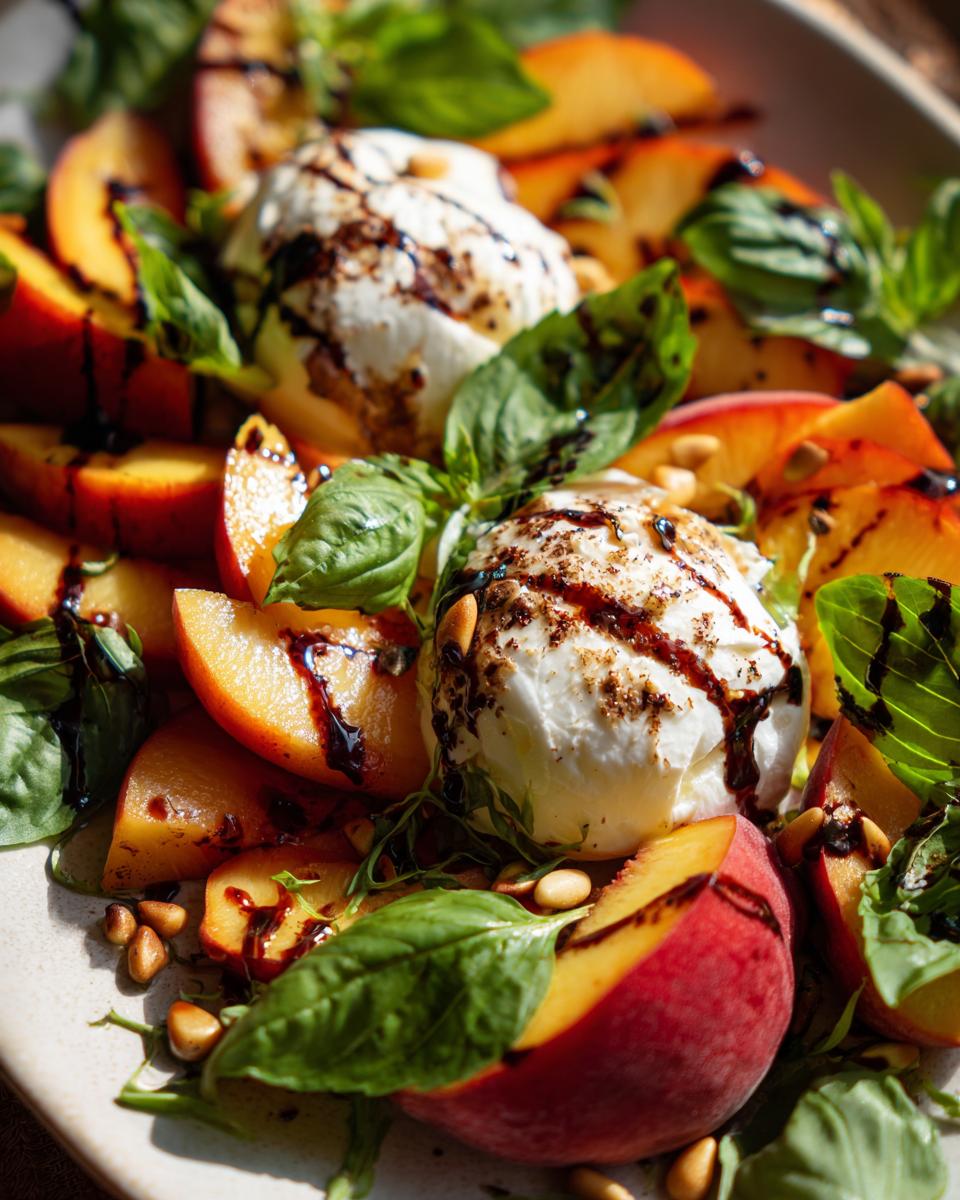 Close-up of a peach burrata platter with fresh peaches, burrata cheese, basil, pine nuts, and balsamic glaze.
