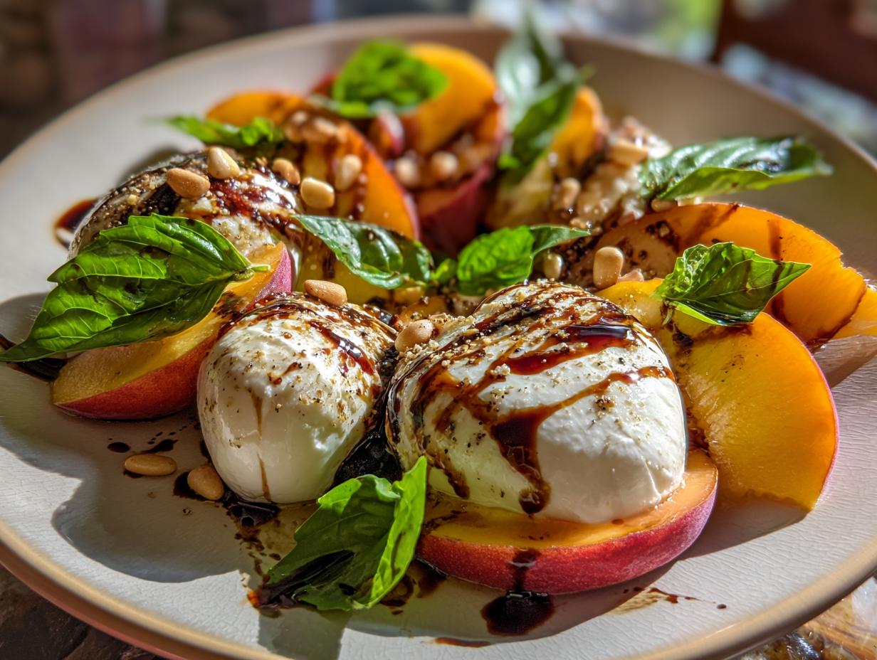 A refreshing peach burrata salad featuring fresh peaches, creamy burrata cheese, basil leaves, pine nuts, and a balsamic glaze drizzle.