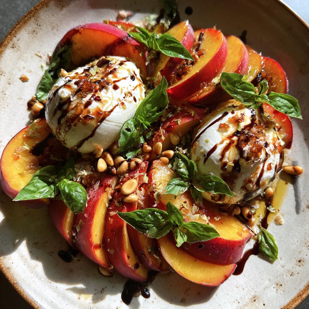 A vibrant summer salad featuring sliced peaches, creamy burrata cheese, fresh basil, pine nuts, and a balsamic glaze.