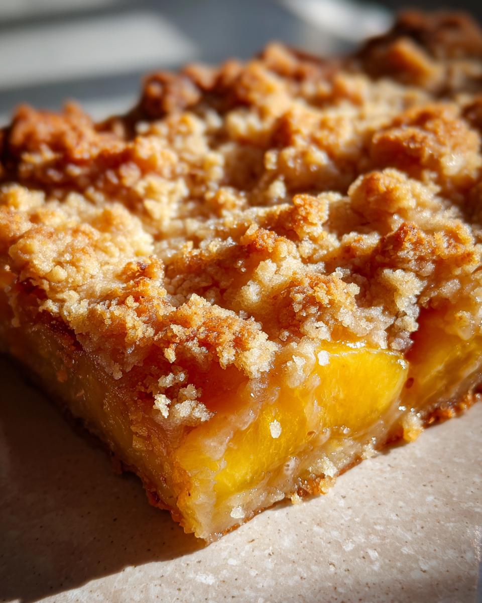 A close-up of a slice of peach cobbler, showcasing juicy peaches and a golden brown sugar crumble topping.