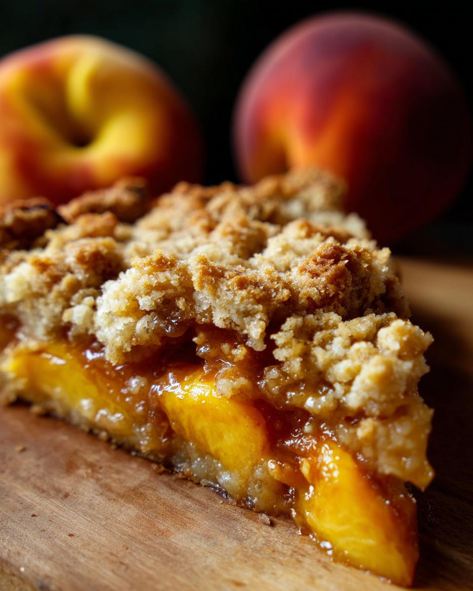 A close-up of a slice of peach cobbler with a crumbly brown sugar topping and juicy peach filling.