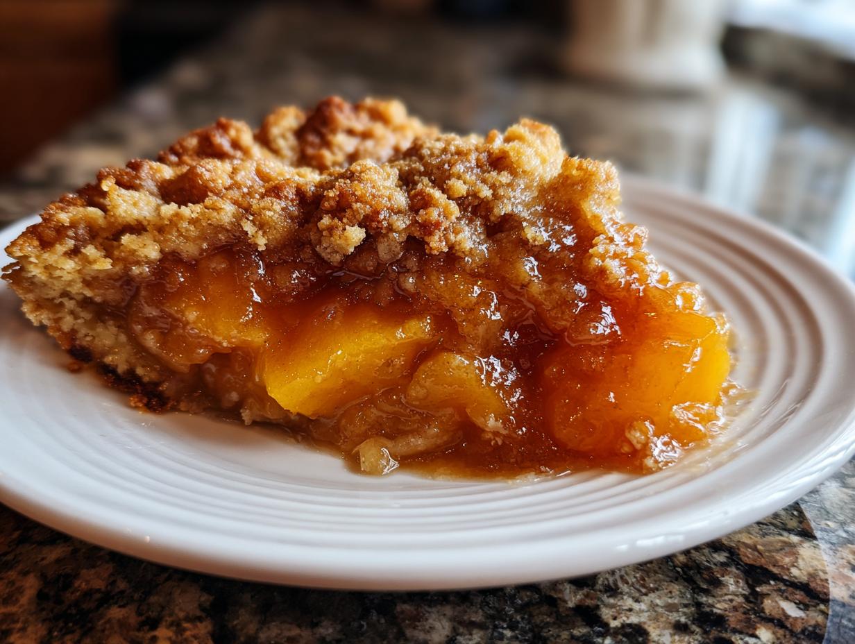 A close-up of a delicious slice of peach cobbler with brown sugar topping, showcasing juicy peaches and a crumbly crust.