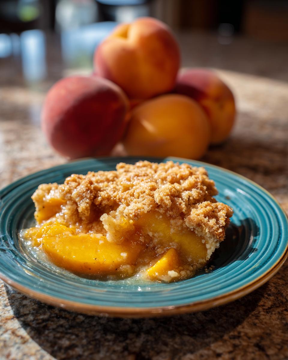 A close-up of a slice of peach cobbler with brown sugar topping, served on a teal plate, with fresh peaches in the background.