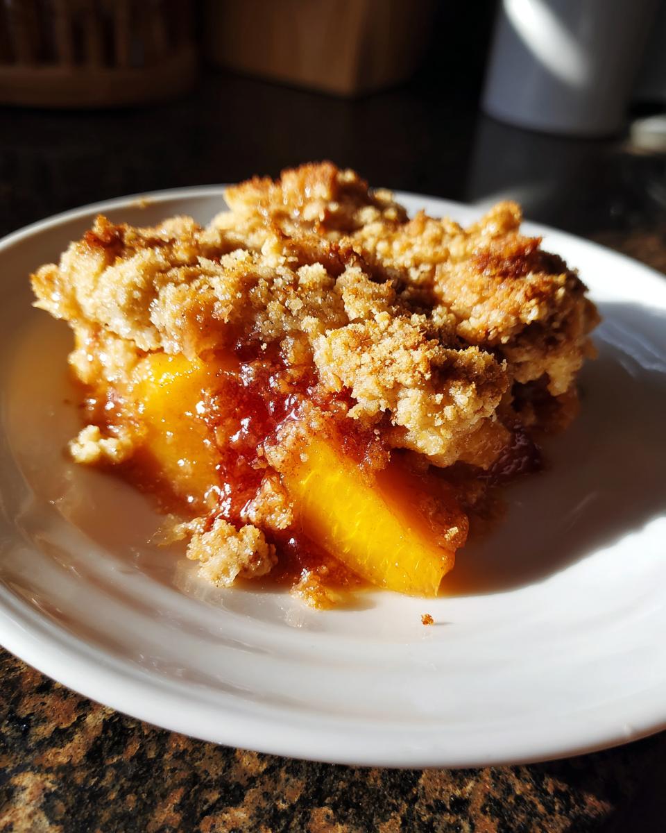 A slice of warm peach cobbler with a crumbly brown sugar topping, showcasing juicy peaches.