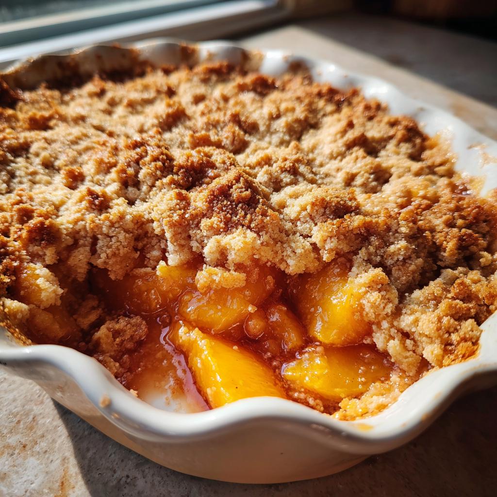Close-up of a freshly baked peach cobbler with a golden brown sugar crumble topping.