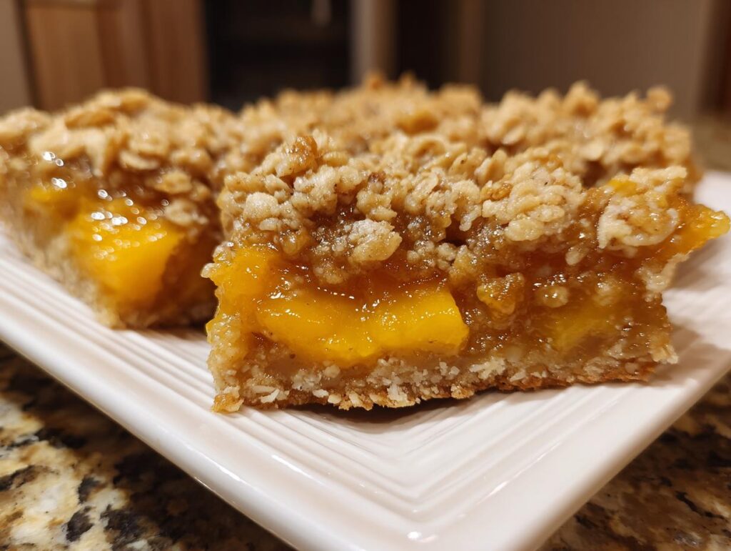 Close-up of delicious peach crumble bars with a buttery oat topping and a gooey peach filling.