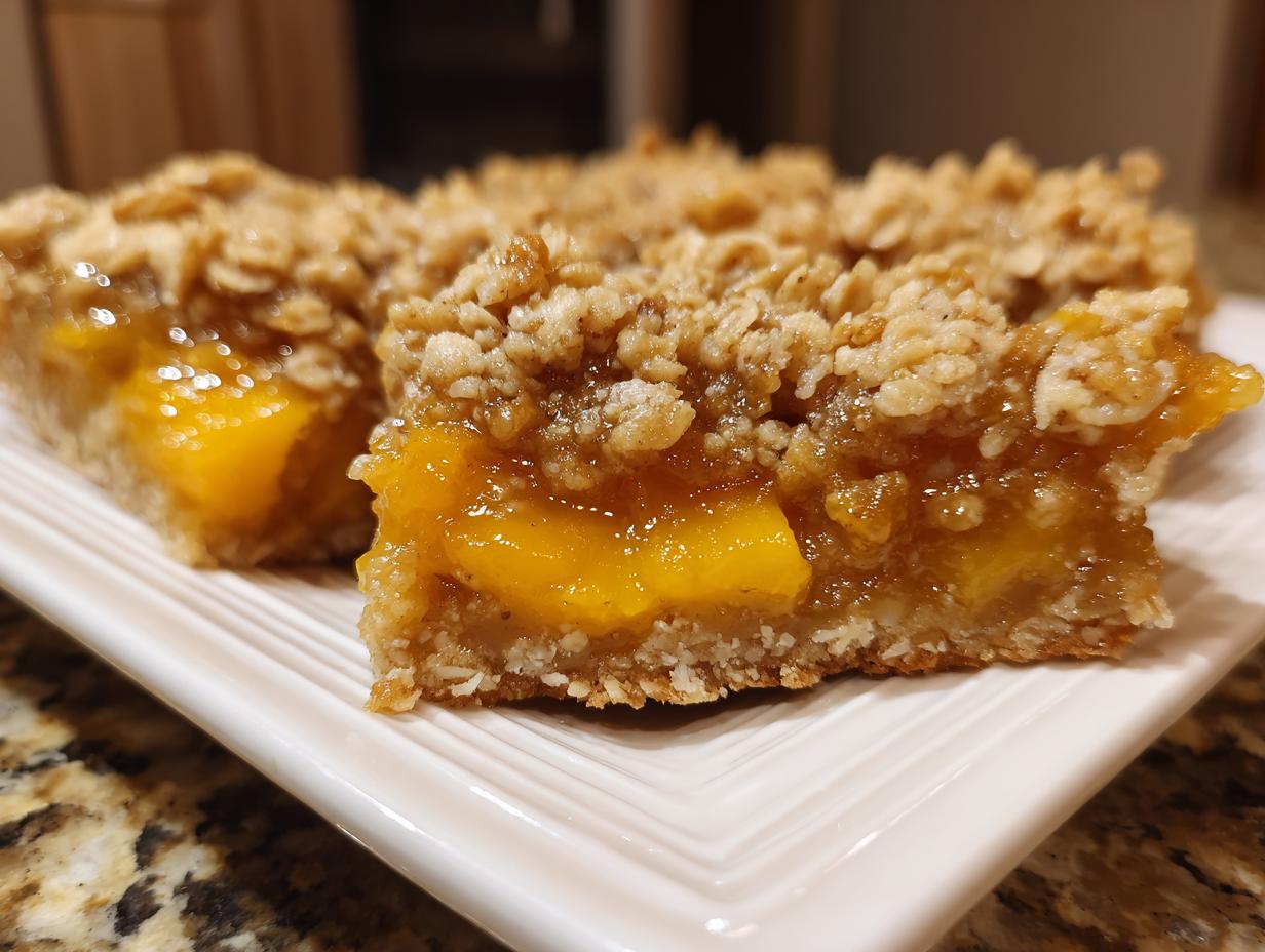 Close-up of delicious peach crumble bars with a buttery oat topping and a gooey peach filling.