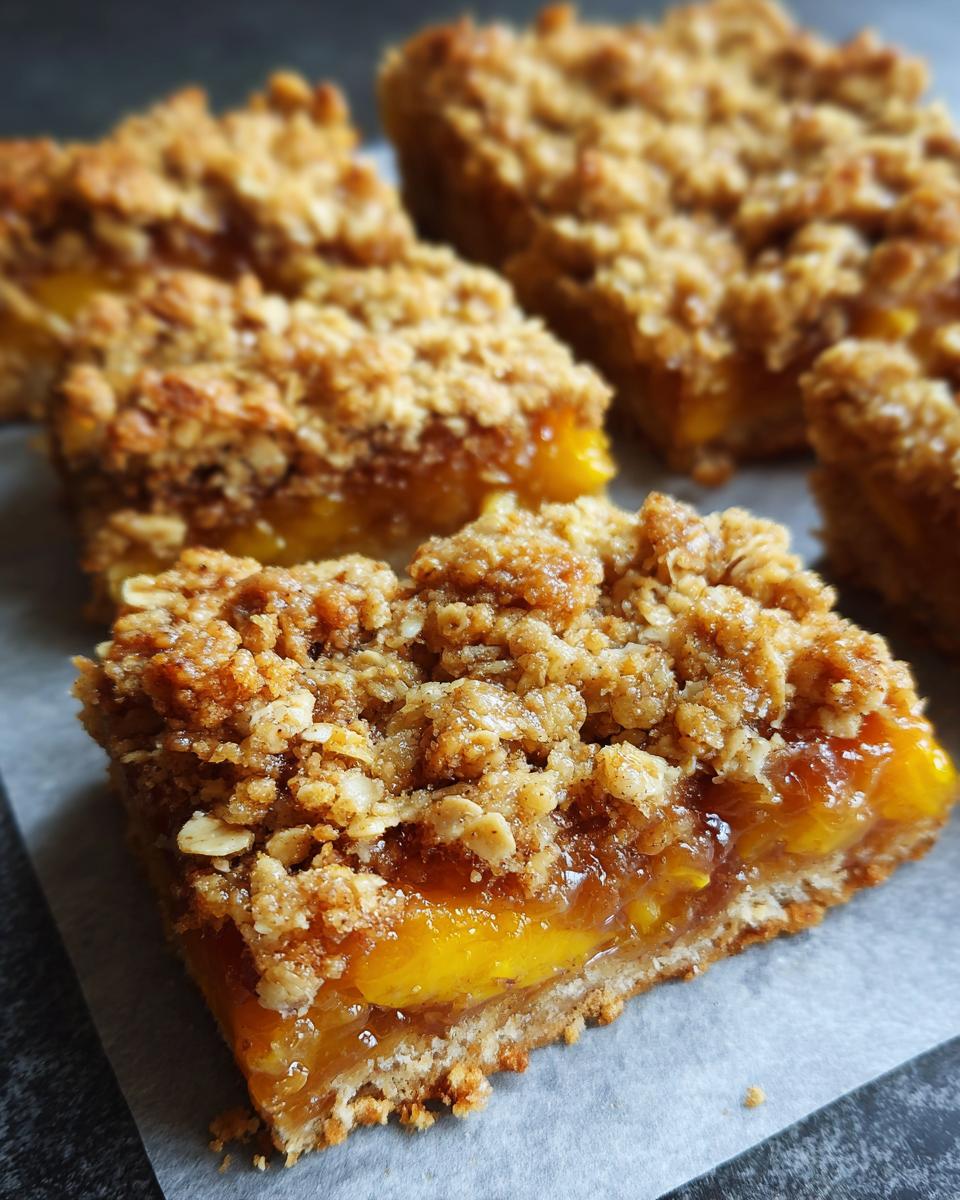 Close-up of delicious peach crumble bars with a buttery oat topping, showcasing the layers of fruit and crumb.