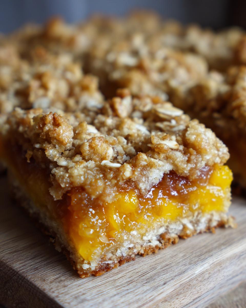 Close-up of a slice of peach crumble bars, showcasing the buttery oat topping and juicy peach filling.