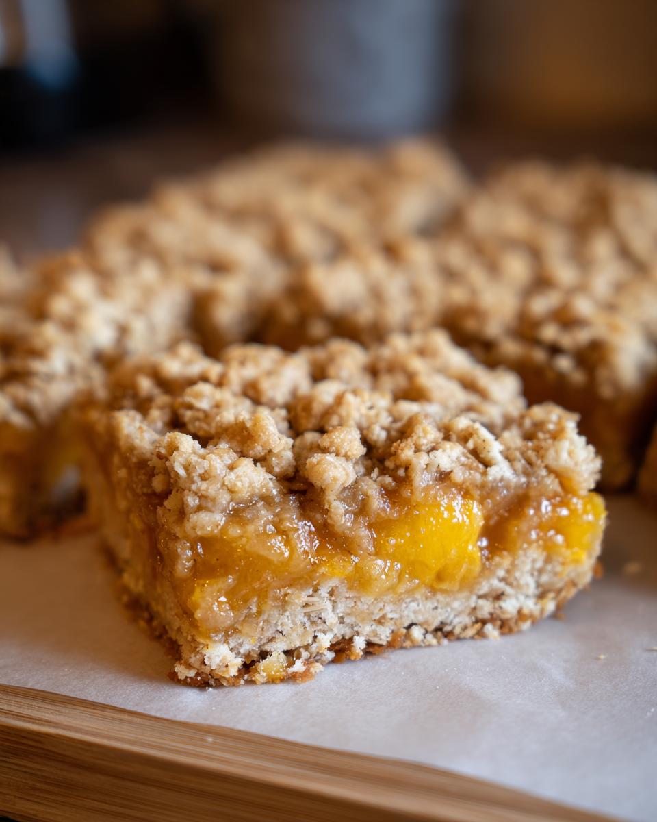 Close-up of a slice of peach crumble bars with a thick layer of juicy peaches and a buttery oat topping.