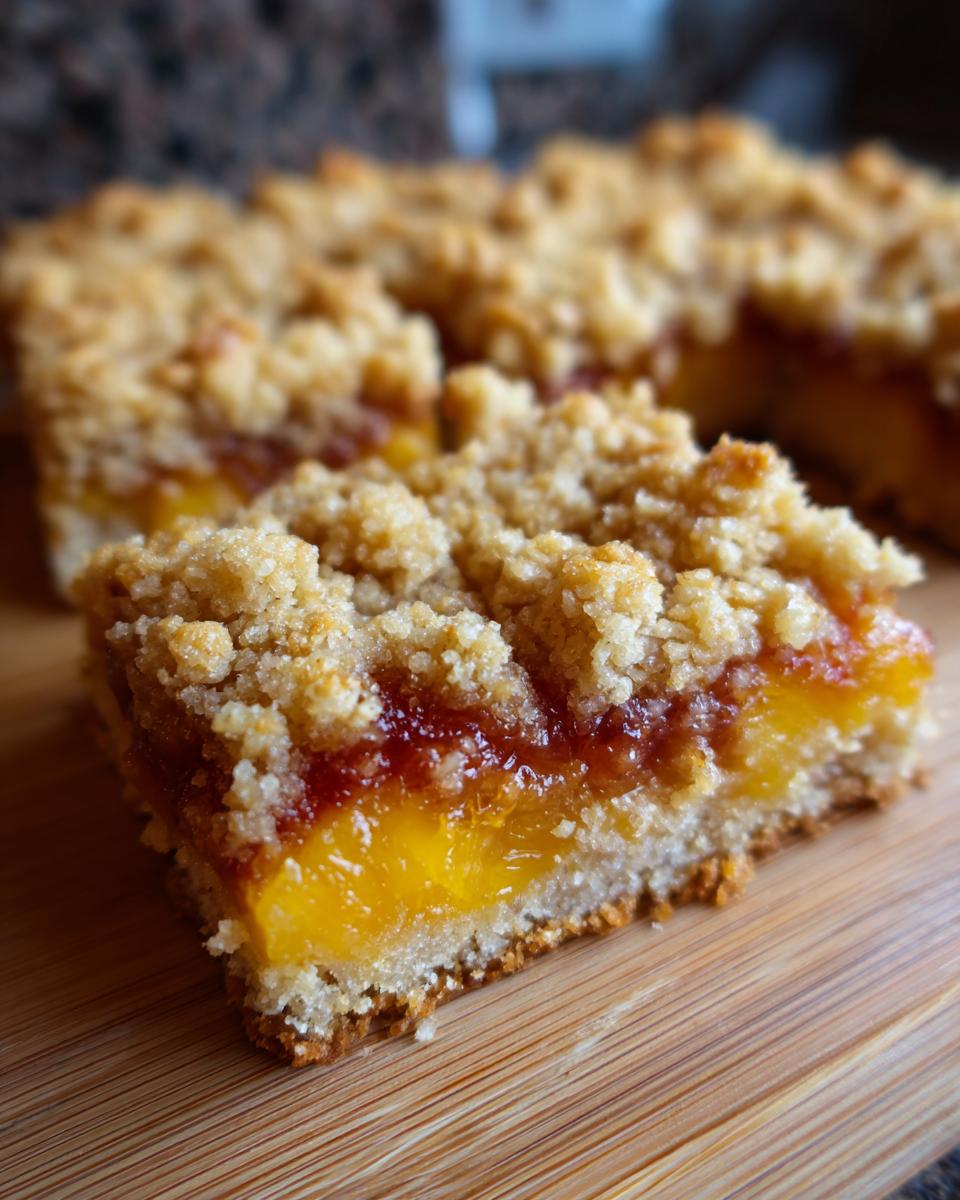 Close-up of a slice of peach crumble bars with a buttery oat topping and a layer of jam.