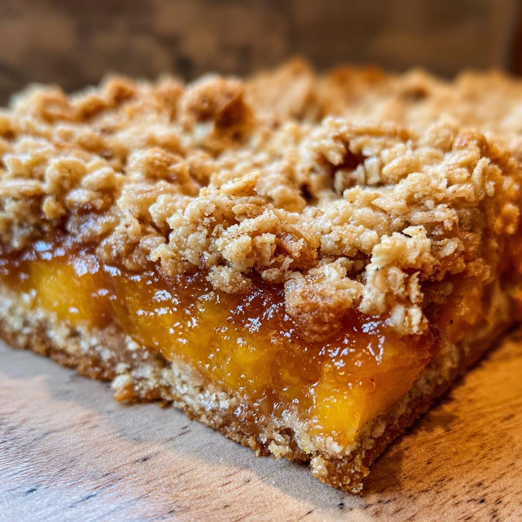 A close-up of a slice of peach crumble bars, showcasing the juicy peach filling and buttery oat topping.