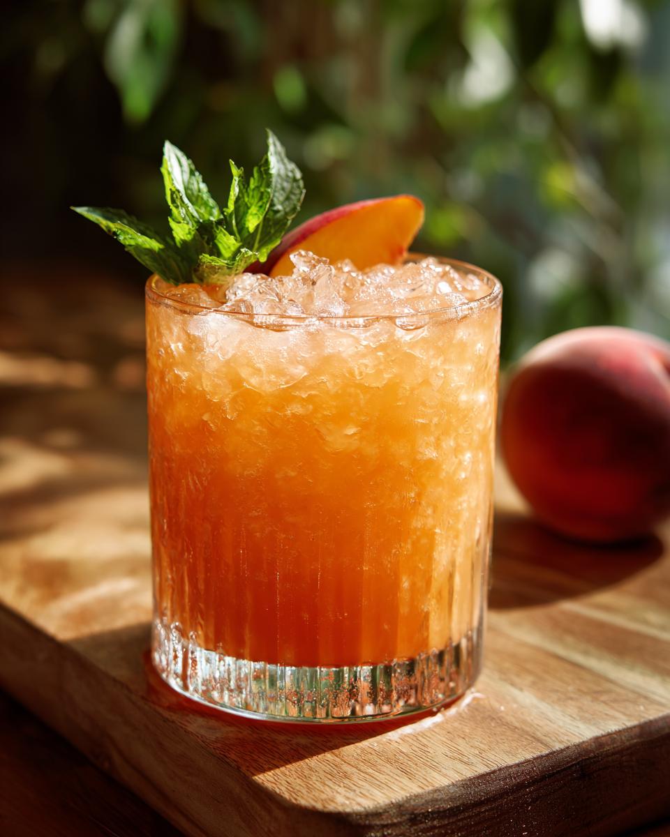 A refreshing peach iced tea slush cocktail garnished with mint and a peach slice, perfect for hot afternoons.