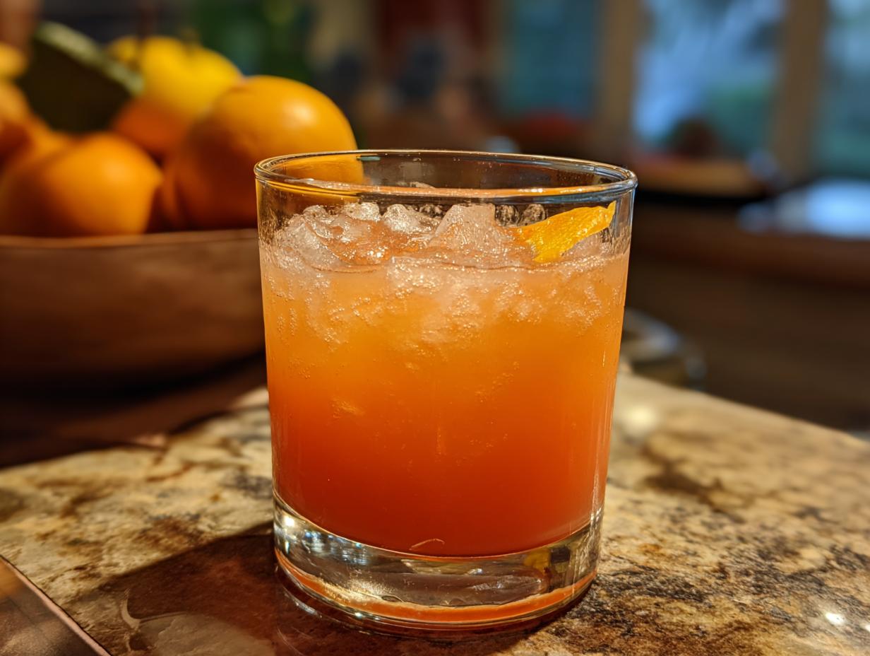 A refreshing peach iced tea slush cocktail in a glass with crushed ice and an orange peel garnish.