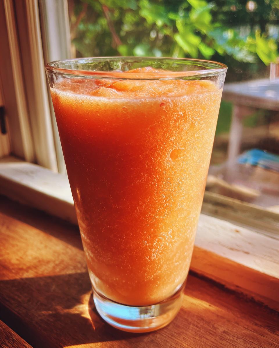 A tall glass filled with a vibrant orange peach iced tea slush, perfect for hot afternoons.