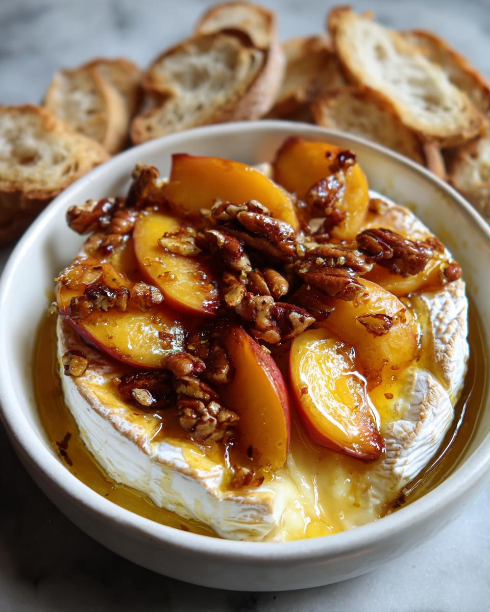 Close-up of baked brie topped with sliced peaches, toasted pecans, and drizzled with honey, served with toasted baguette slices.