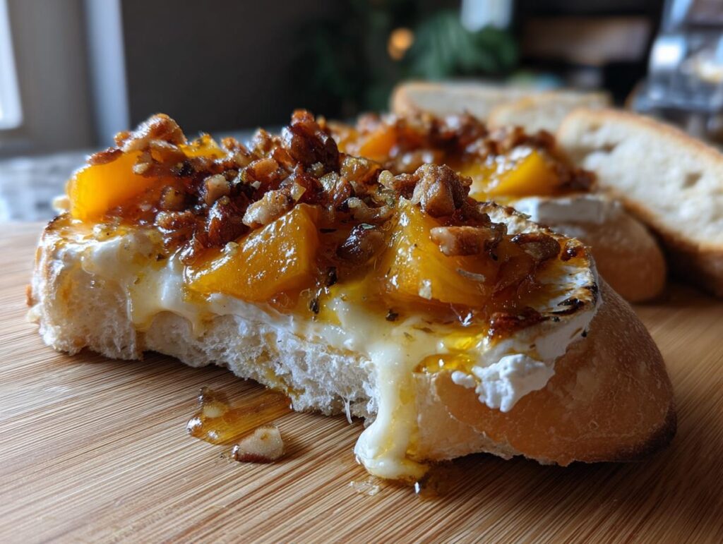 Close-up of a crostini topped with melted brie, baked peaches, and toasted pecans, a delicious peach recipe.