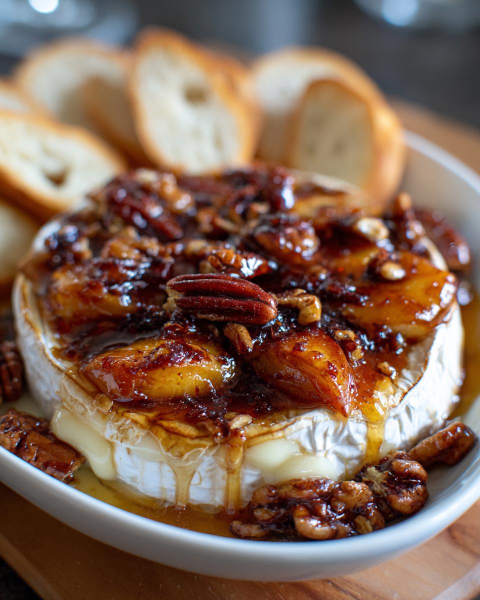 Close-up of baked brie topped with caramelized peaches and toasted pecans, served with baguette slices.