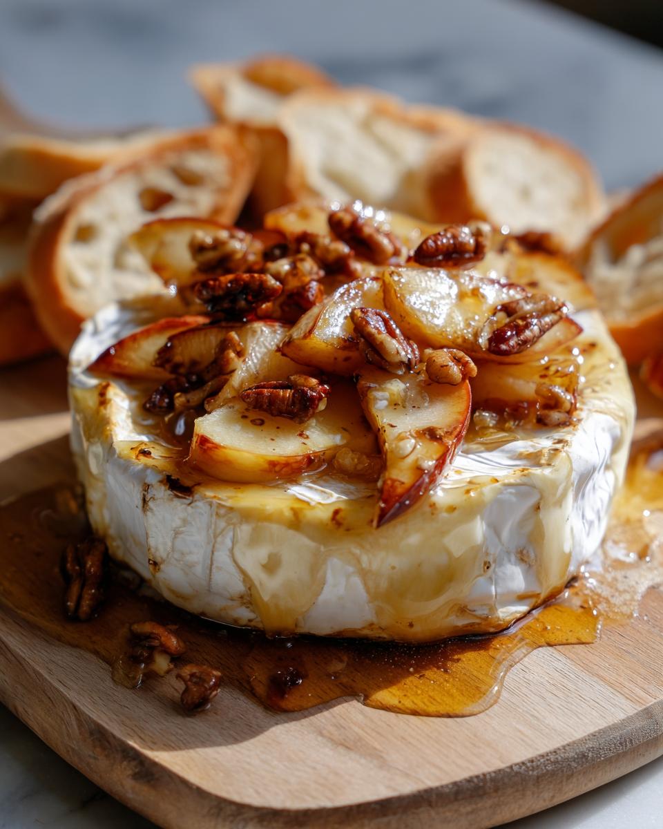 A wheel of baked brie topped with sliced peaches and toasted pecans, drizzled with honey, served with baguette slices.
