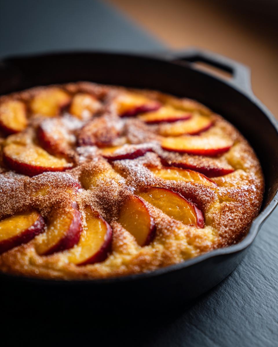 Close-up of a freshly baked peach skillet cake topped with sliced peaches and dusted with powdered sugar.