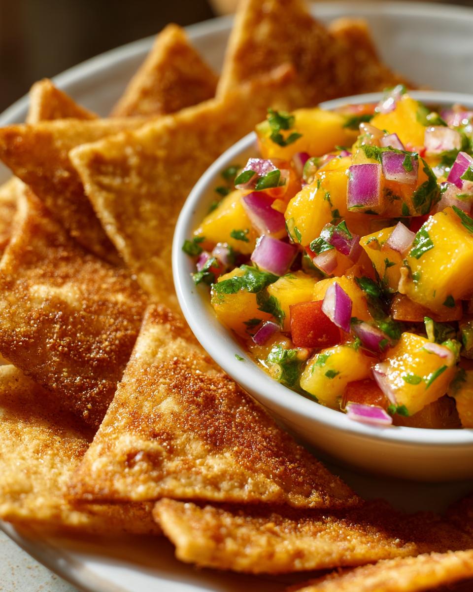 Close-up of a bowl of fresh peach salsa with diced peaches, red onion, and cilantro, served with cinnamon chips.