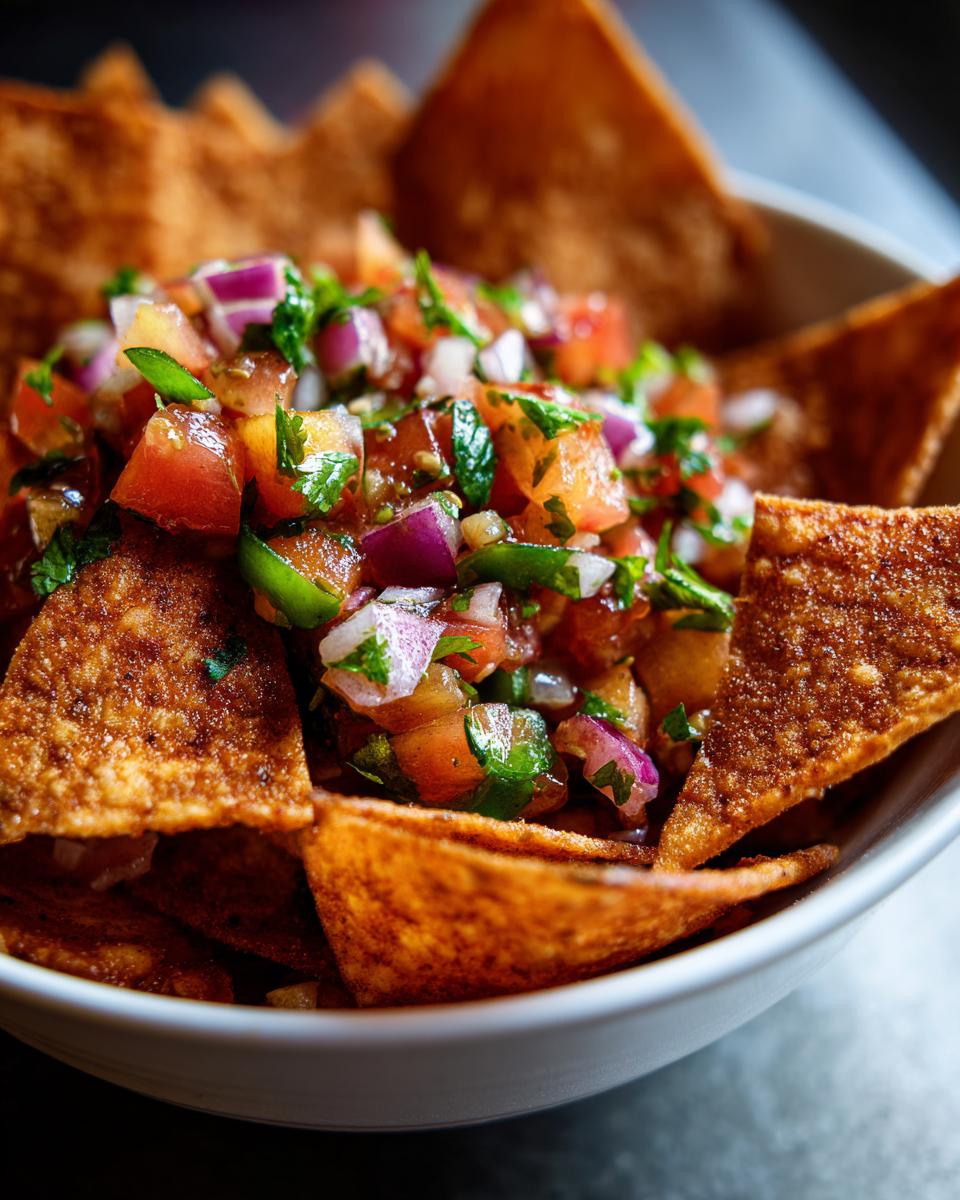 Close-up of a bowl of cinnamon chips topped with fresh peach salsa, featuring diced tomatoes, red onion, and cilantro.