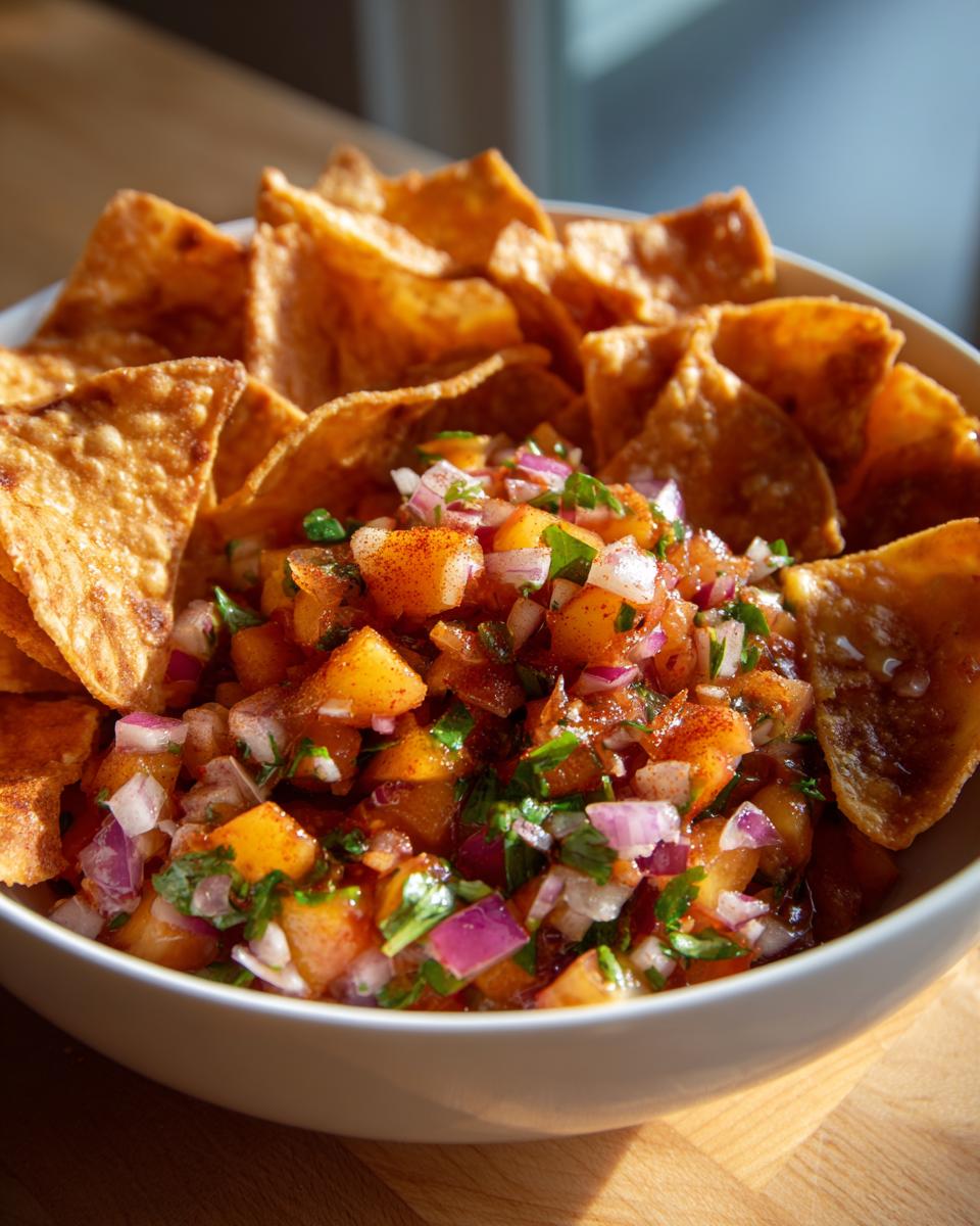 A bowl of fresh peach salsa with diced peaches, red onion, cilantro, and cinnamon, served with cinnamon chips.
