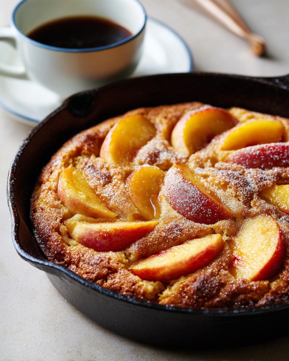 Close-up of a golden-brown peach skillet cake topped with fresh peach slices and sprinkled with sugar.