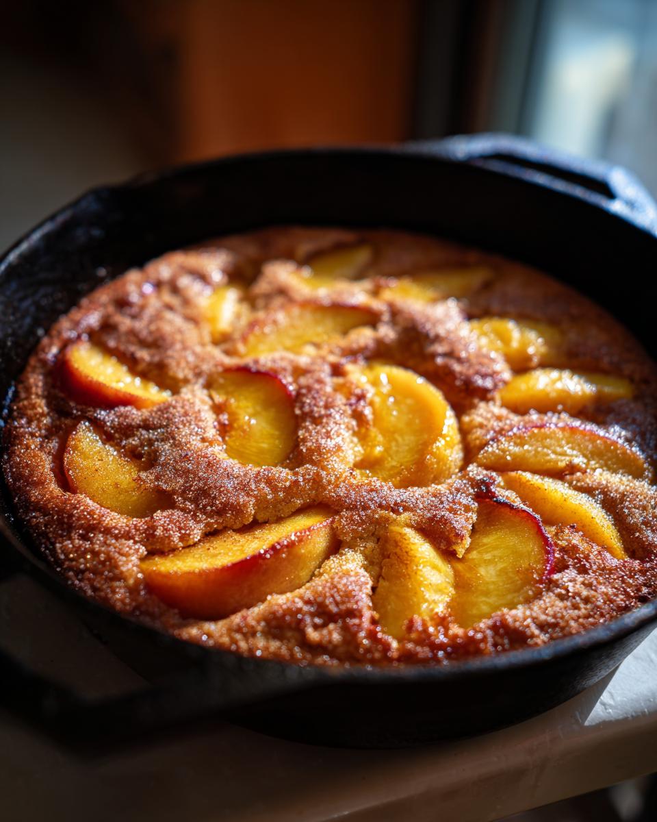 A golden-brown peach skillet cake topped with juicy slices of soft summer fruit, baked in a cast-iron pan.