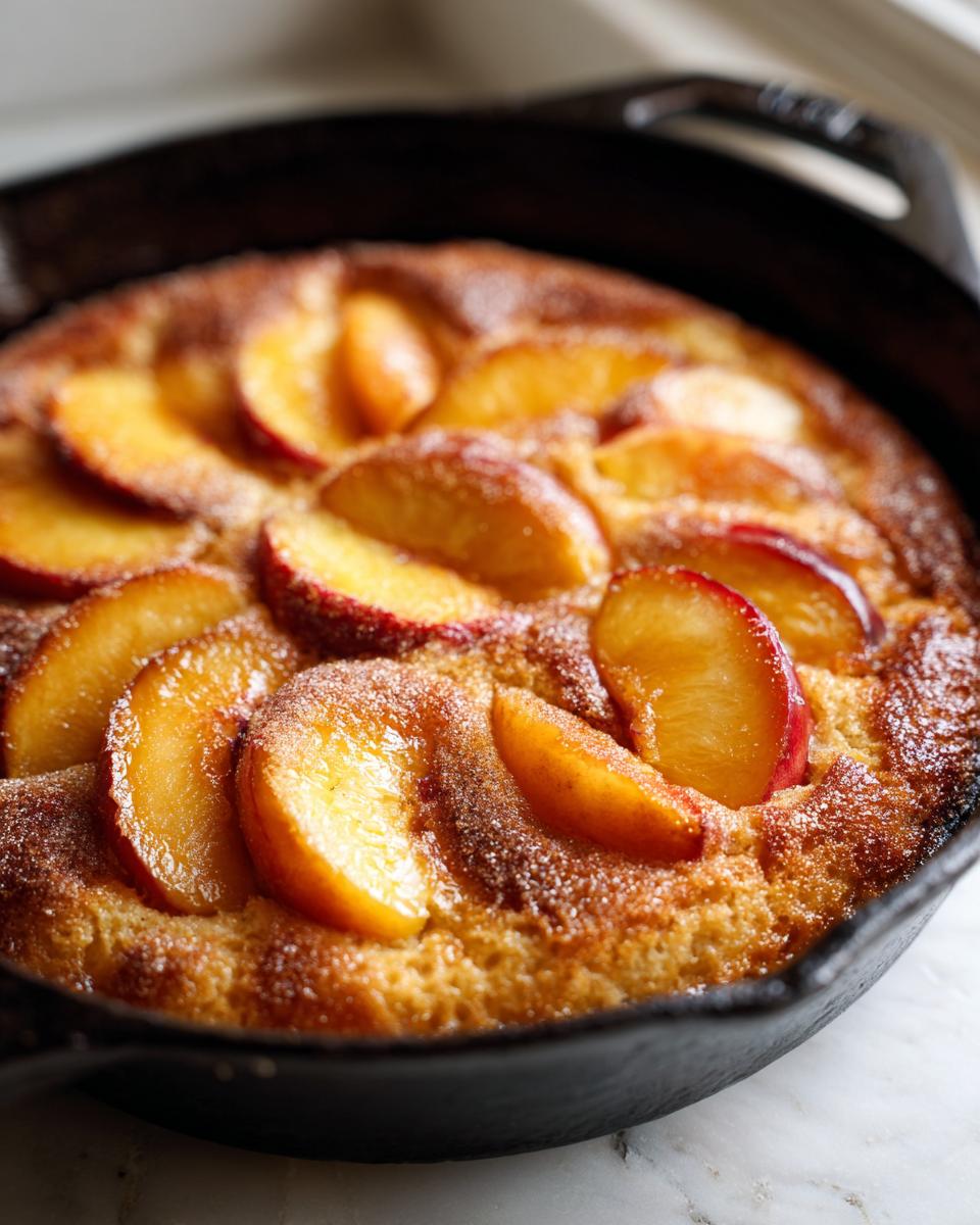 Close-up of a freshly baked peach skillet cake with soft summer fruit, topped with cinnamon sugar.