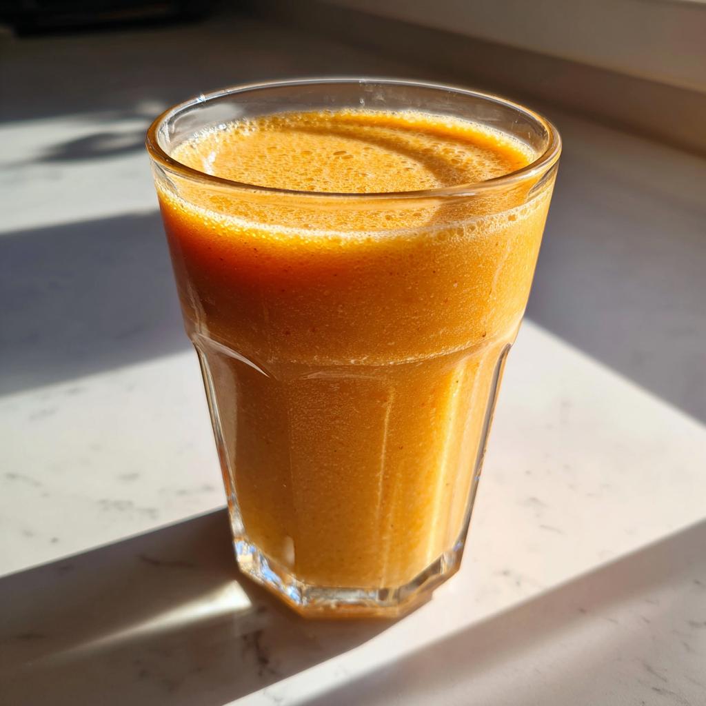 A tall glass filled with a creamy, orange-hued peach yogurt smoothie, catching the sunlight.