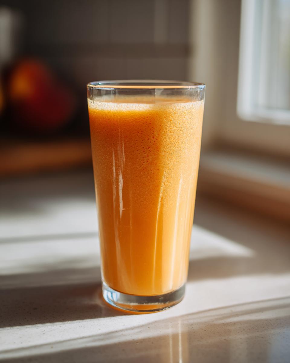 A tall glass filled with a creamy, vibrant orange peach yogurt smoothie, perfect for a healthy breakfast.