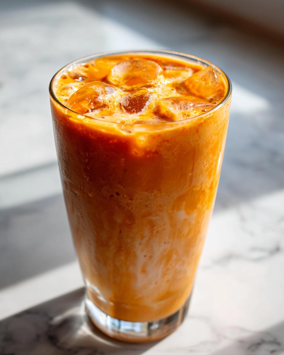 A tall glass filled with a creamy peach yogurt smoothie, topped with ice cubes and swirls of milk.