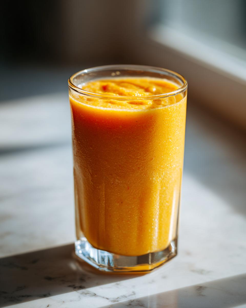 A tall glass of creamy peach yogurt smoothie, ready to be enjoyed.