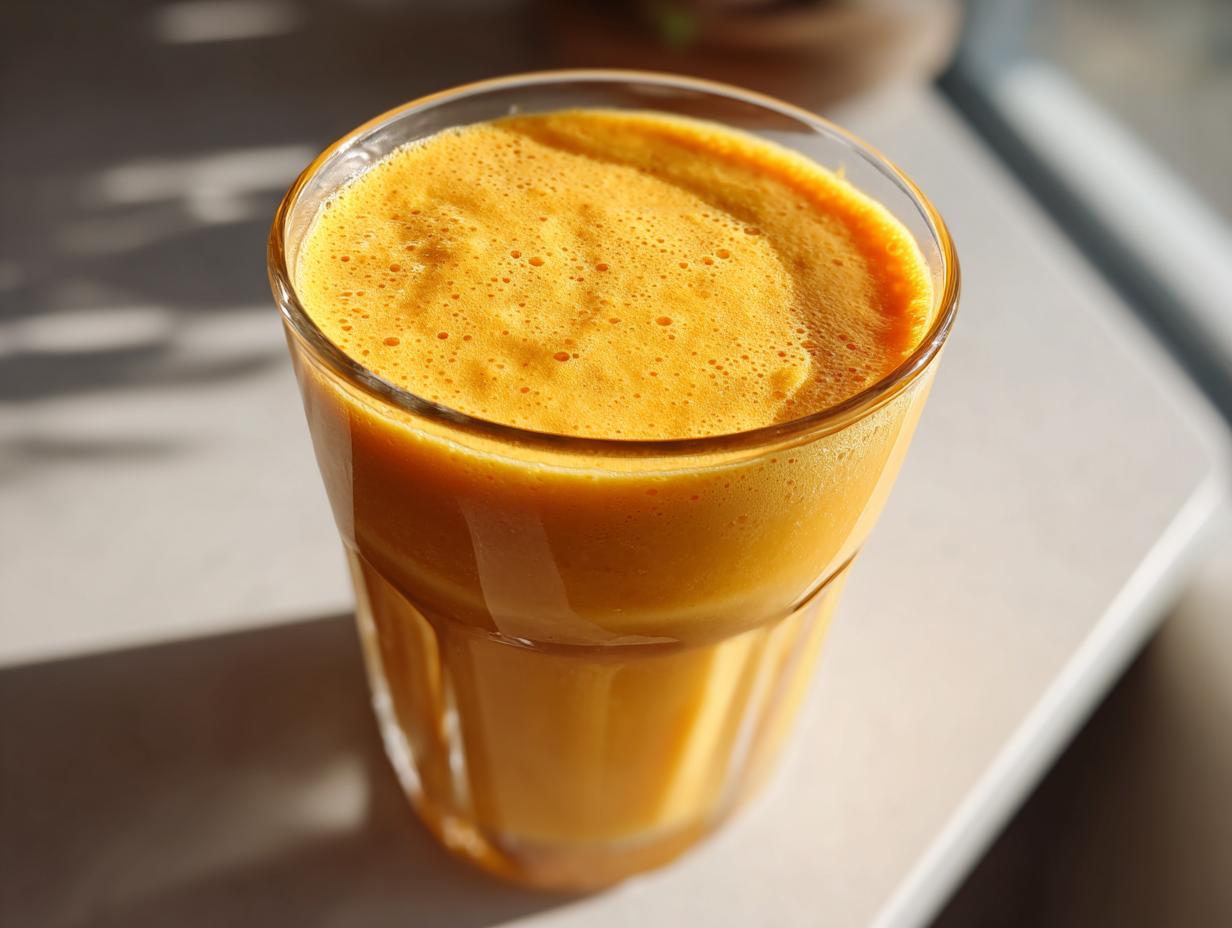 A tall glass filled with a vibrant orange peach yogurt smoothie, topped with foam.