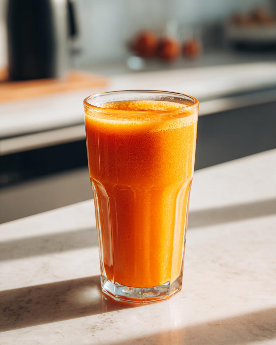 A tall glass filled with a vibrant orange peach yogurt smoothie, ready to be enjoyed.