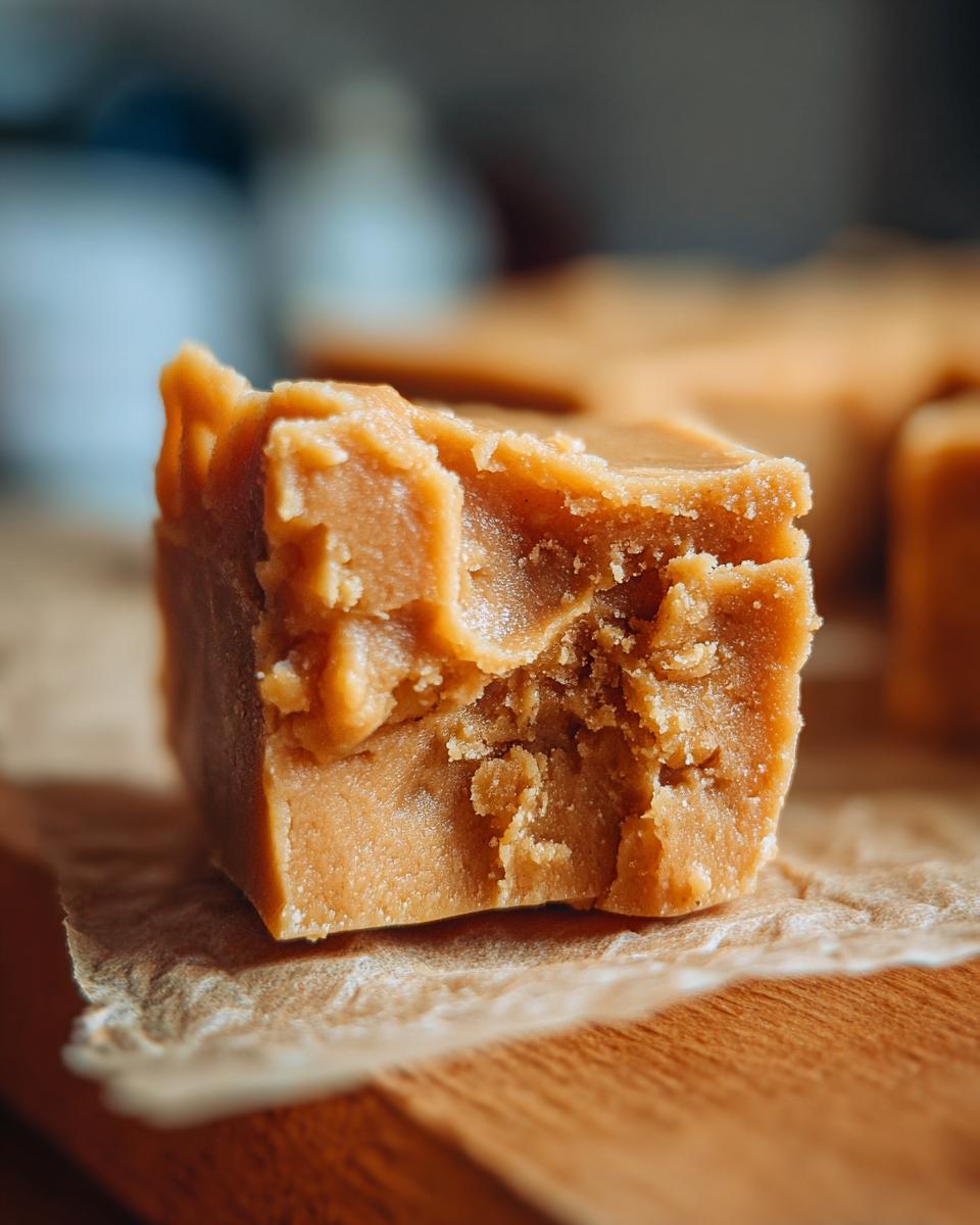 Close-up of a bite taken out of a square of creamy peanut butter fudge, perfect for dessert recipes.