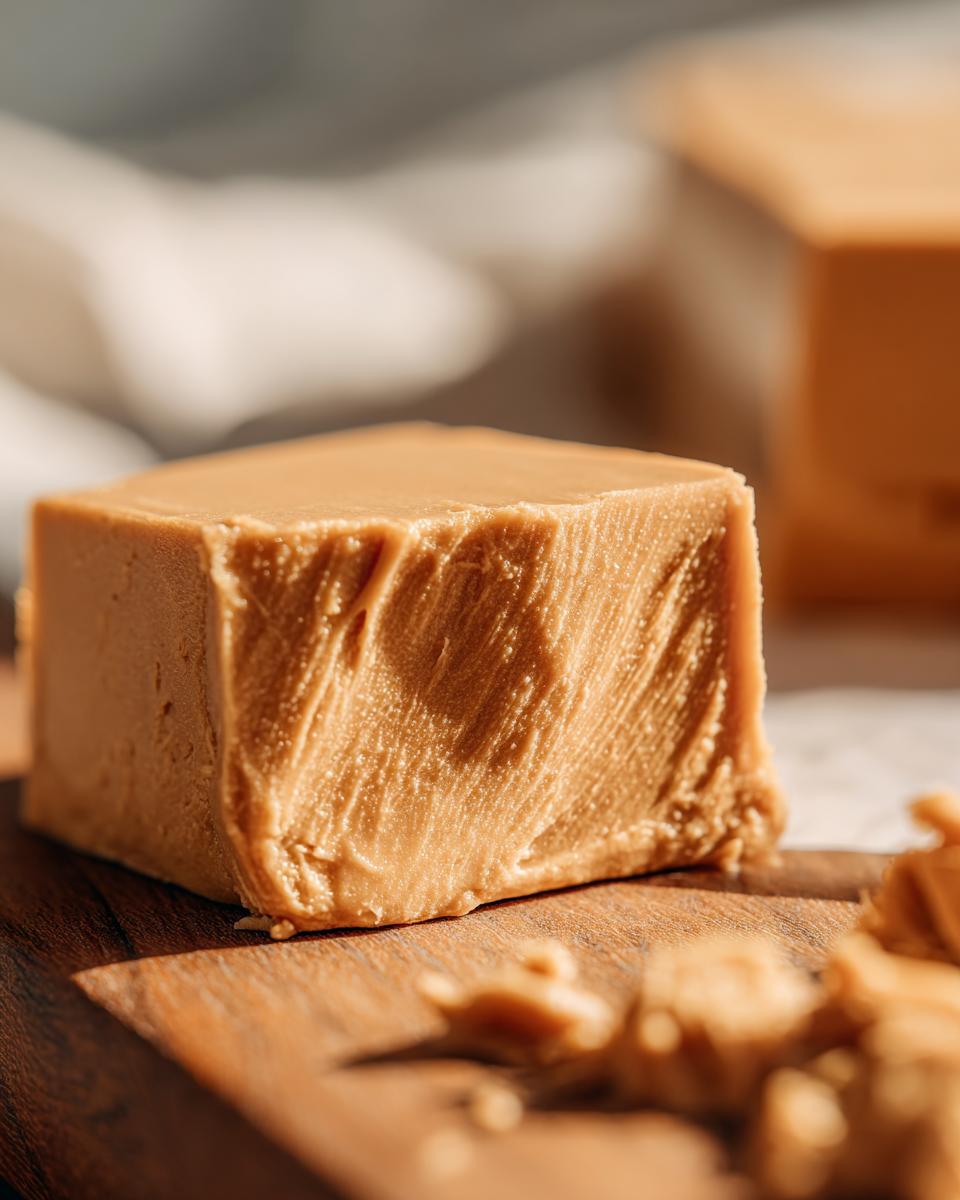 A close-up of a block of creamy peanut butter fudge, perfect for dessert recipes.