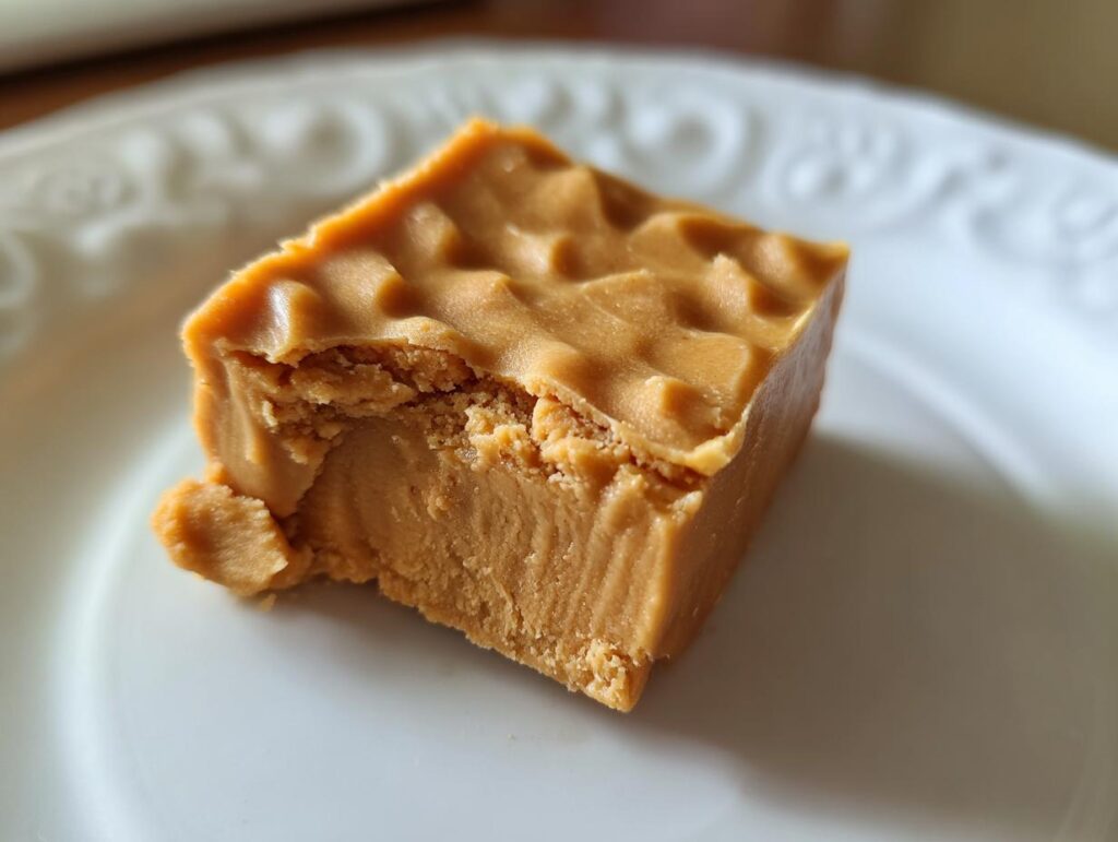 A single square of peanut butter fudge with a bite taken out, on a white plate. Perfect for dessert recipes.