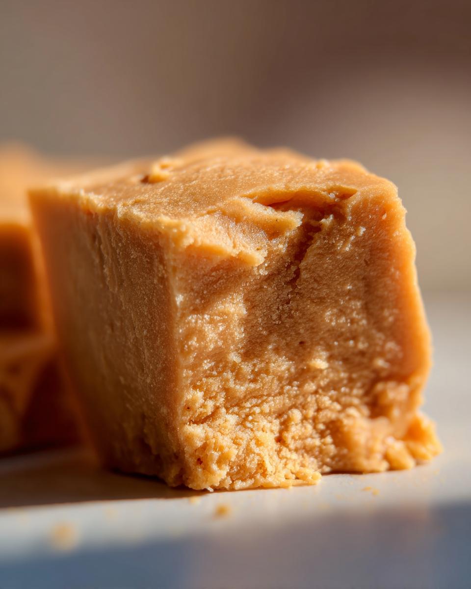 Close-up of a rich, creamy peanut butter fudge square, perfect for dessert recipes.
