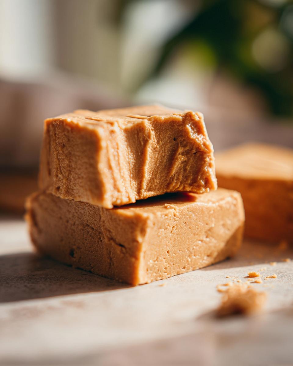 Close-up of two stacked peanut butter fudge squares, part of dessert recipes with peanut butter fudge.