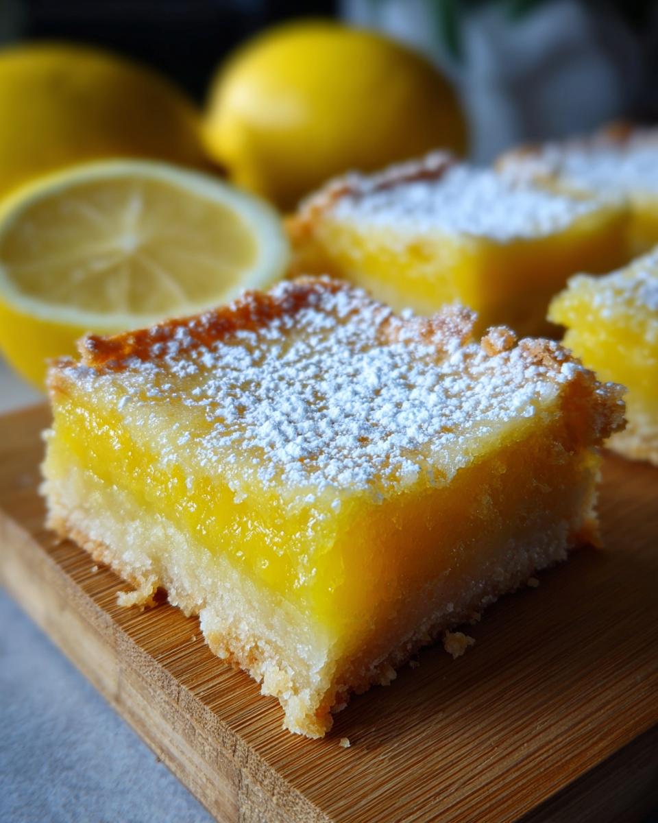 A close-up of a perfect lemon bar, dusted with powdered sugar, with lemons in the background.