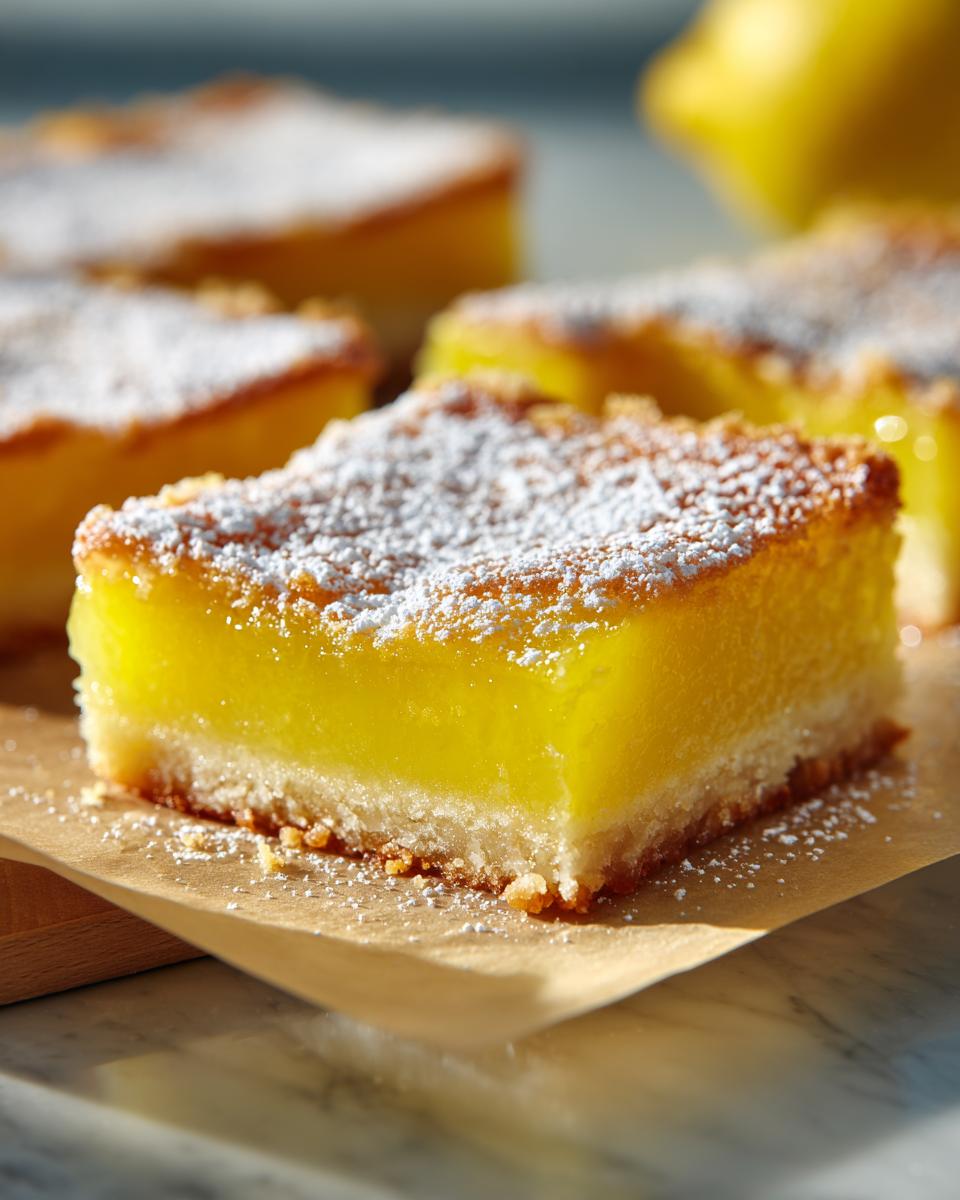 Close-up of a perfect lemon bar, dusted with powdered sugar, showcasing its bright yellow filling and shortbread crust.