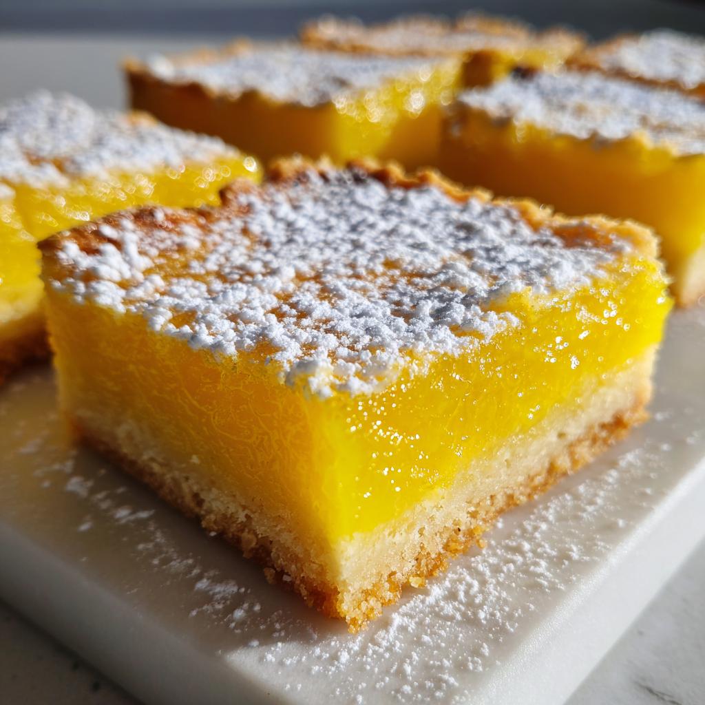 Close-up of a perfect lemon bar, dusted with powdered sugar, showcasing its bright yellow filling and shortbread crust.