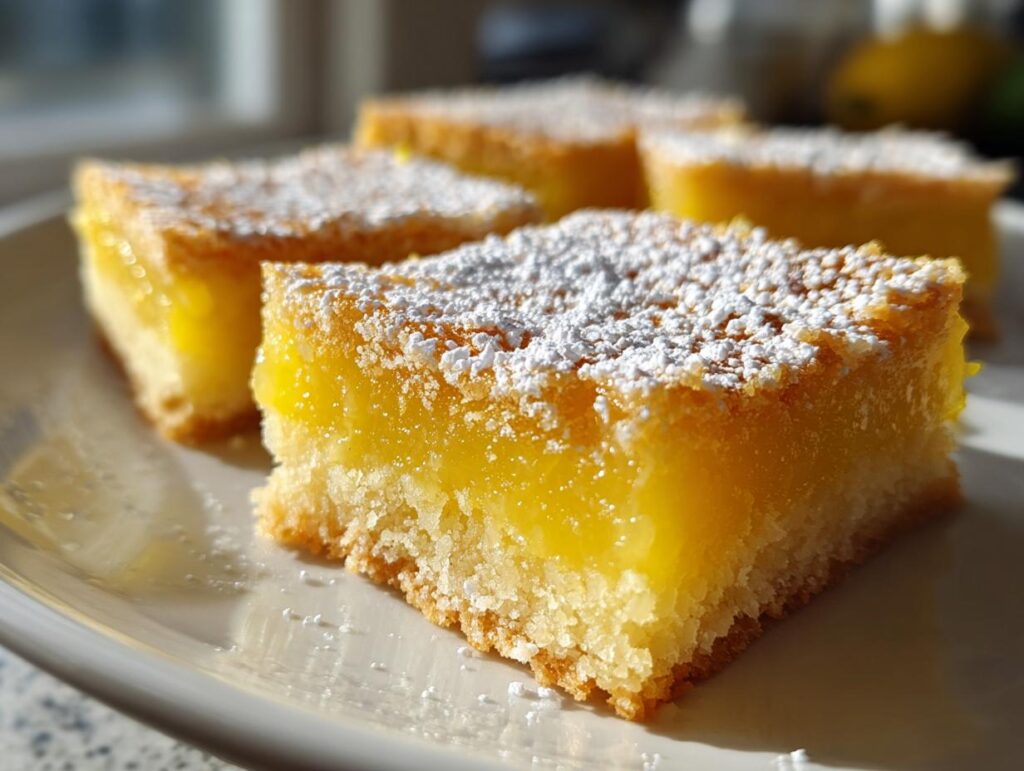 Close-up of perfect lemon bars dusted with powdered sugar, showcasing their bright citrus flavor.