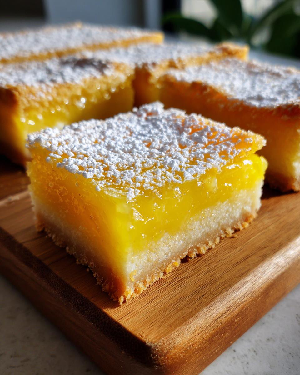 Close-up of a perfect lemon bar, dusted with powdered sugar, showcasing its bright yellow citrus filling and shortbread crust.