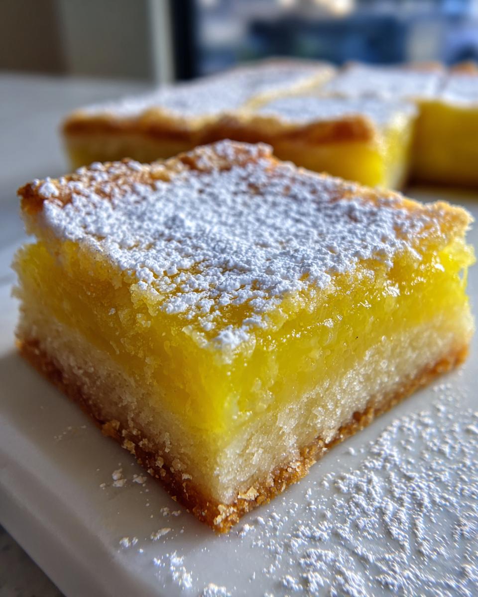 A close-up of a perfect lemon bar, dusted with powdered sugar, showcasing its bright yellow citrus filling and shortbread crust.